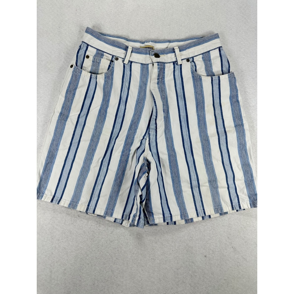 Northwest Blue Vintage 90s Striped High Waisted Denim Shorts Blue White Size 14